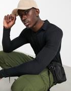 Asos Design Muscle Fit Long Sleeve Polo In Fancy Rib In Black