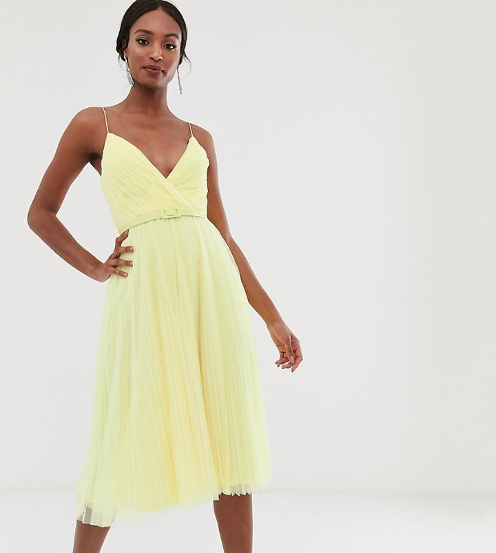 Asos Design Tall Belted Pleated Tulle Cami Midi Dress - Yellow