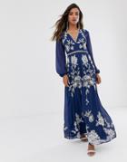 Asos Design Maxi Dress With Split Sleeve In Ocassion Embroidery And Circle Trim-multi