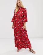 Vila Floral High Neck Tiered Maxi Dress - Red