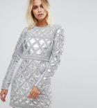 A Star Is Born Embellished Mini Dress With Metallic Quilted Detail - Silver