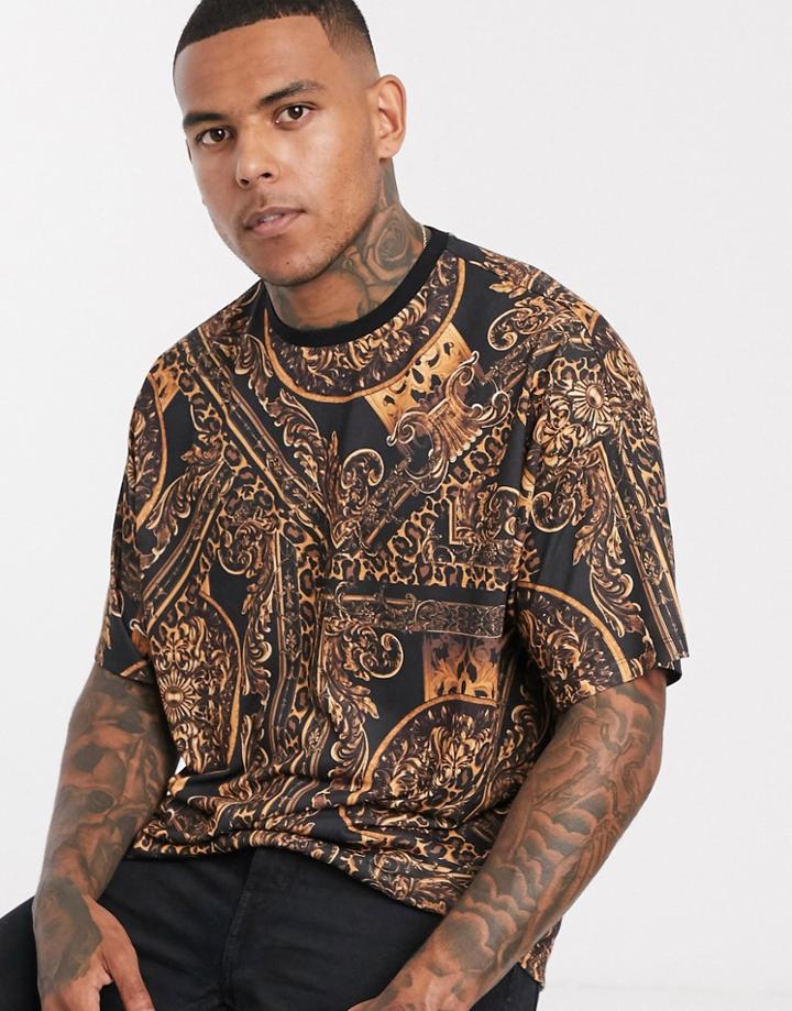 Asos Design Oversized Longline T-shirt With All Over Baroque Print-multi