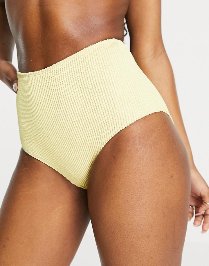 Monki Maj-lis Recycled Rib Texture High Waist Bikini Bottom In Yellow