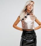 Asos Petite Sequin Chinoiserie Top With Mandarin Collar - Pink