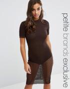 Naanaa Petite Allover Grid Mesh Bodycon Dress - Brown