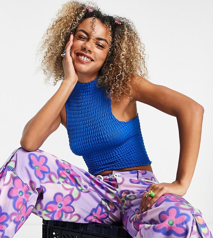 Collusion Textured Sleeveless Roll Neck Top In Blue
