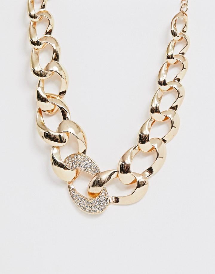 Asos Design Statement Necklace With Crystal Link In Gold Tone - Gold