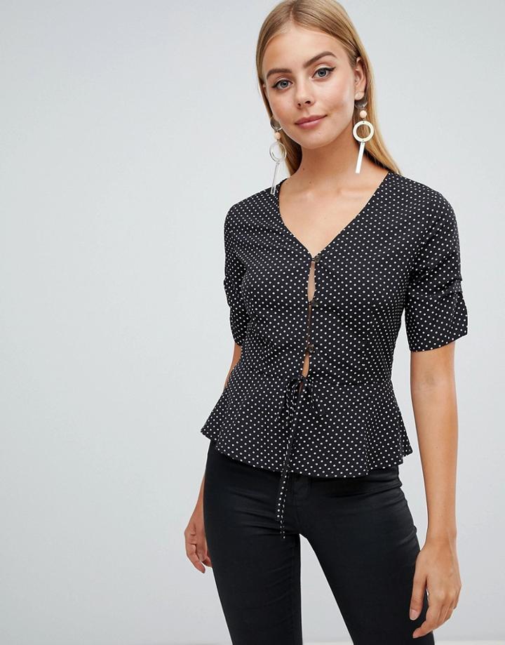 Prettylittlething Polka Dot Button Front Blouse - Black