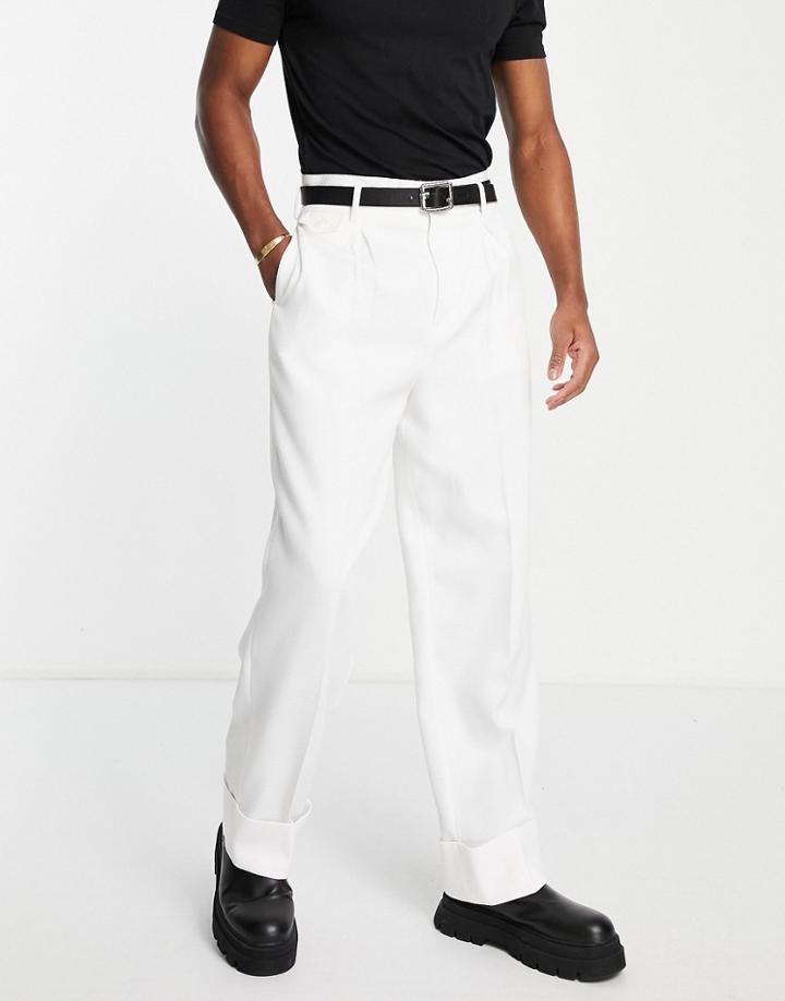 Asos Design High Waist Wide Leg Turn Up Smart Pants In White Texture