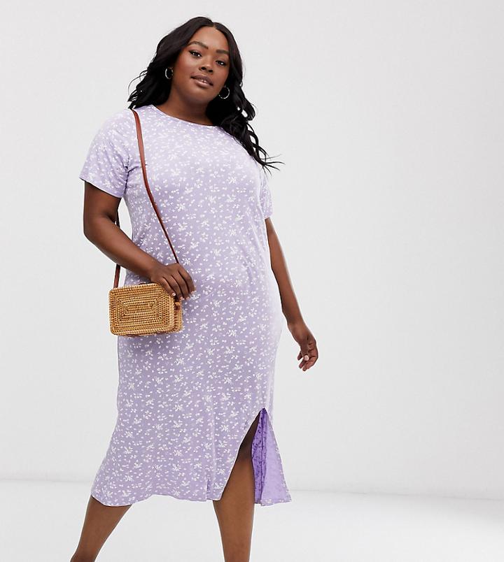 Daisy Street Plus Midi T-shirt Dress With Split In Ditsy Floral Print - Purple
