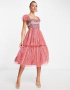 Maya Embellished Tiered Midi Prom Dress In Deep Pink