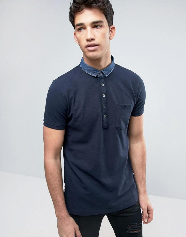 Brave Soul Polo Shirt With Denim Collar - Navy