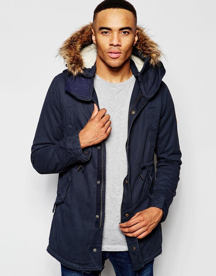 Native Youth Sherpa Lined Parka Jacket - Navy