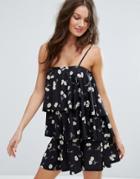 Asos Tiered Strappy Sundress In Daisy Print - Black