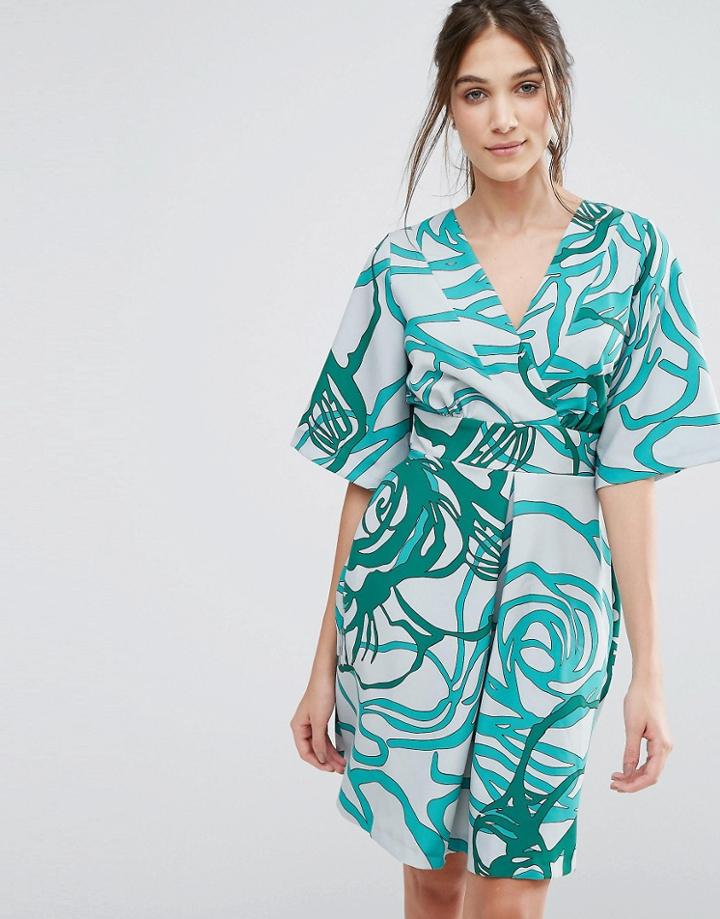Closet Kimono Sleeve Tie Back Print Dress - Green