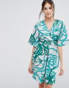 Closet Kimono Sleeve Tie Back Print Dress - Green
