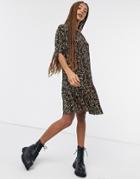 Asos Design Plisse Mini Smock Dress With Dip Hem In Black And Orange Floral Print
