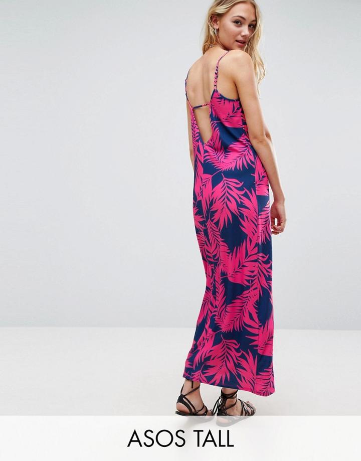Asos Tall Maxi Dress With V Back In Palm Print - Pink