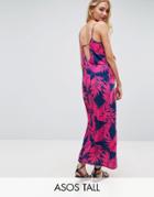 Asos Tall Maxi Dress With V Back In Palm Print - Pink