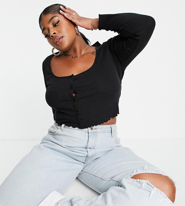 Asos Design Curve Slouchy Ribbed Button Up Top In Black