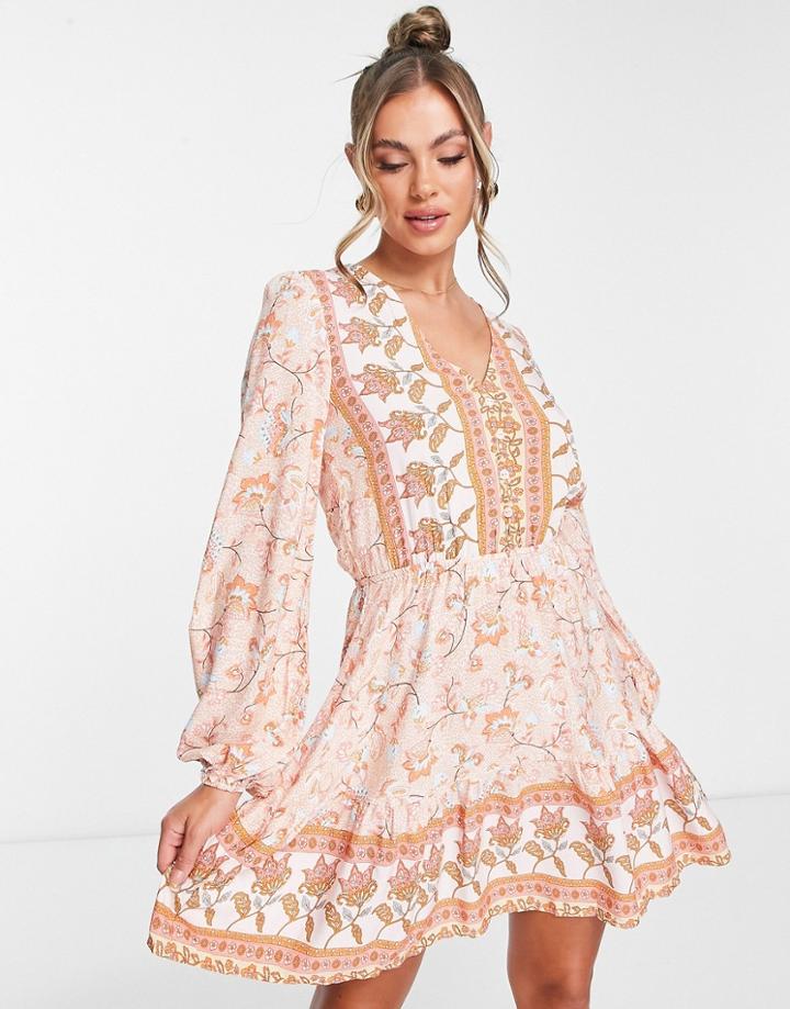 Parisian Button Through Mini Dress With Border Print-multi