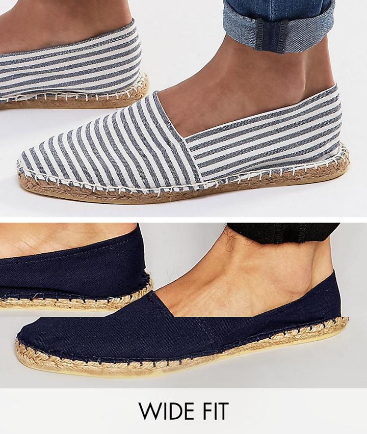 Asos Wide Fit Canvas Espadrilles In Navy And Blue Stripe 2 Pack Save - Multi