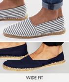 Asos Wide Fit Canvas Espadrilles In Navy And Blue Stripe 2 Pack Save - Multi