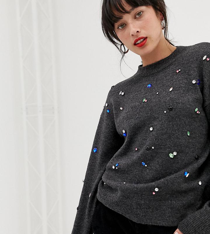 Warehouse Sweater With Jewel Embellishment In Charcoal Gray - Gray
