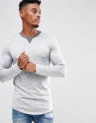 Asos Longline Muscle Long Sleeve T-shirt With Curved Hem In Gray Interest Fabric - Gray