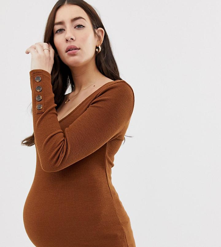 Asos Design Maternity Top With Scoop Neck And Long Sleeve With Buttons - Brown