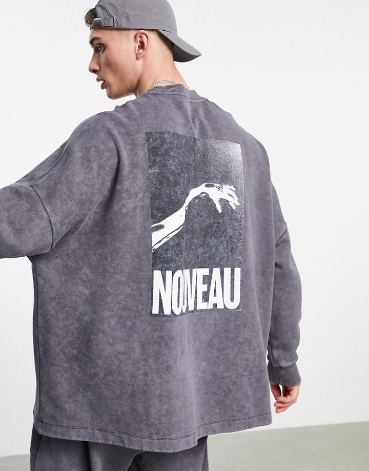 Asos Design Super Oversized Sweatshirt In Black Acid Wash With Nouveau Back Print - Part Of A Set