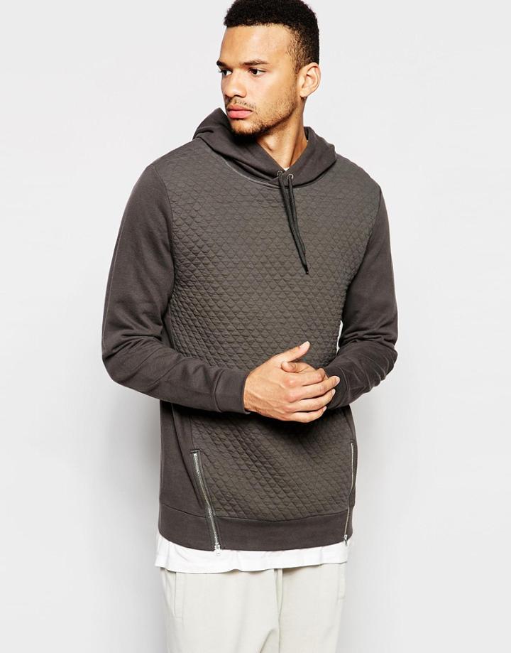 Asos Longline Hoodie With Front Quilt And Zips - Gray