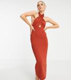 Asos Design Petite Halter Cross Front Maxi Dress In Rust-brown