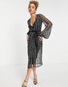 Asos Design Wrap Midi Pencil Dress With Stud Embellishment In Black