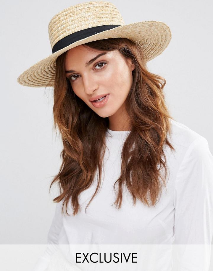 South Beach Straw Boater Hat With Black Band - Beige