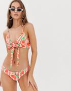 Prettylittlething Tie Front Bikini Top In Watermelon Print - Multi