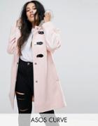 Asos Curve Duffle Coat With Faux Fur Hood - Pink
