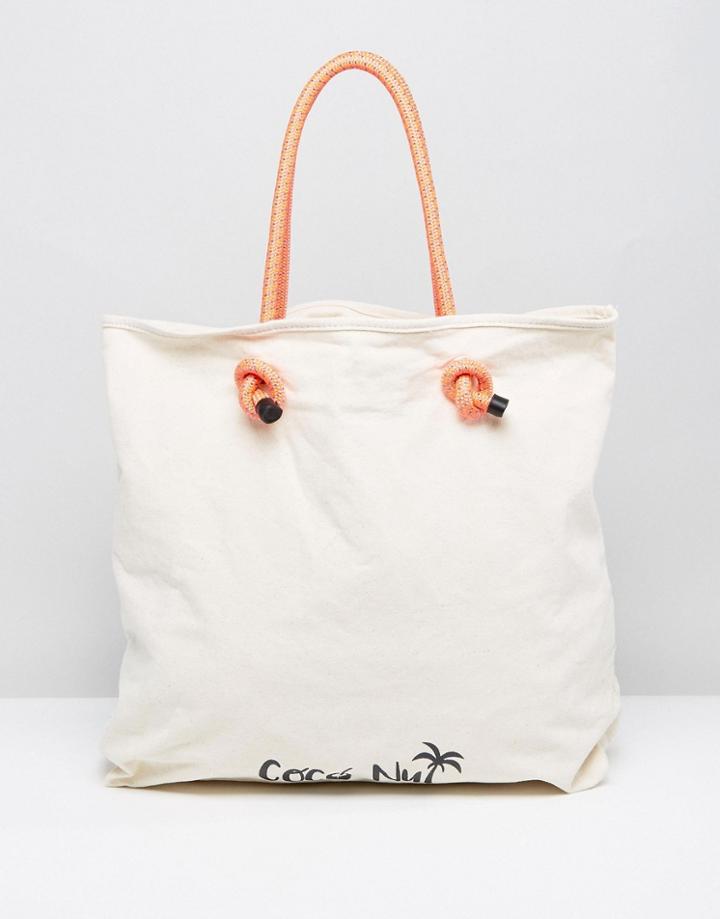 Pull & Bear Coconut Print Shopper Bag - Cream