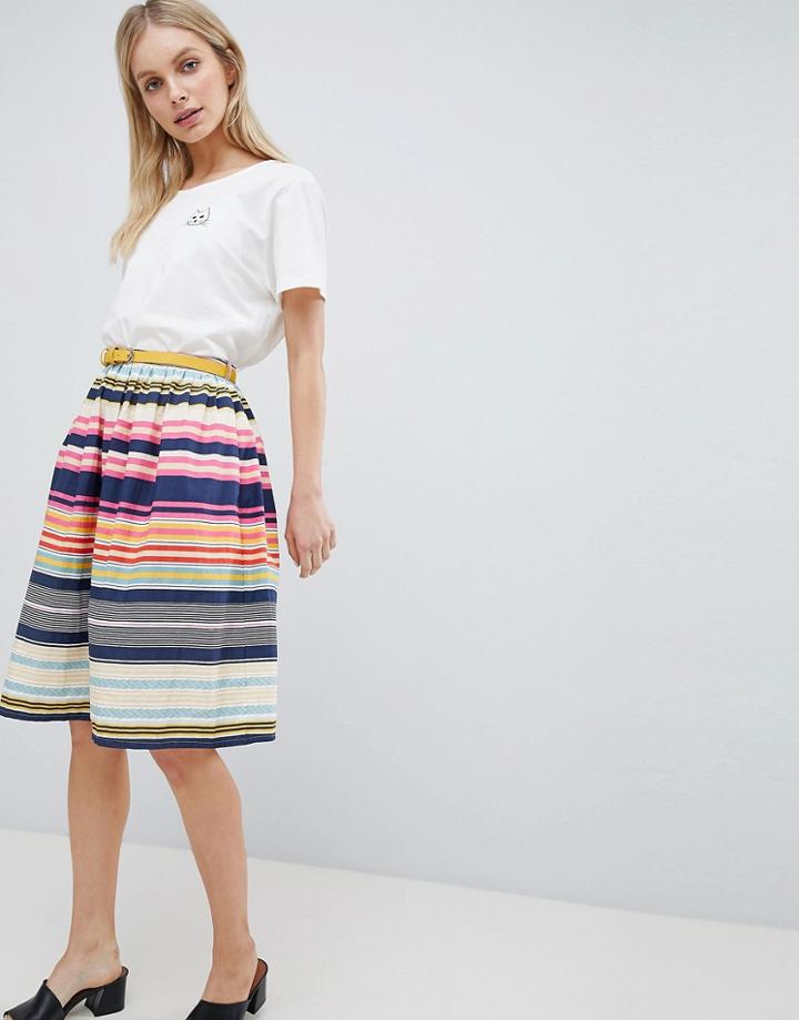 Yumi Nordic Stripe Print Skater Skirt With Belt - Multi