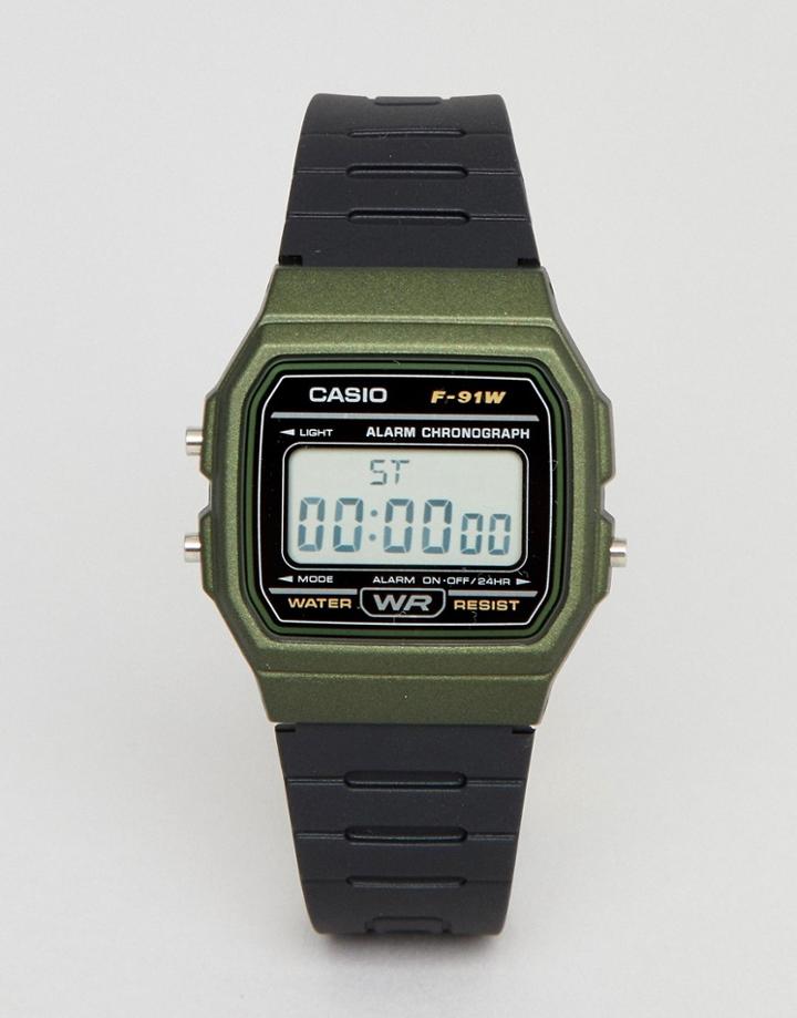 Casio F-91wm-3aef Digital Silicone Watch In Black/green - Black