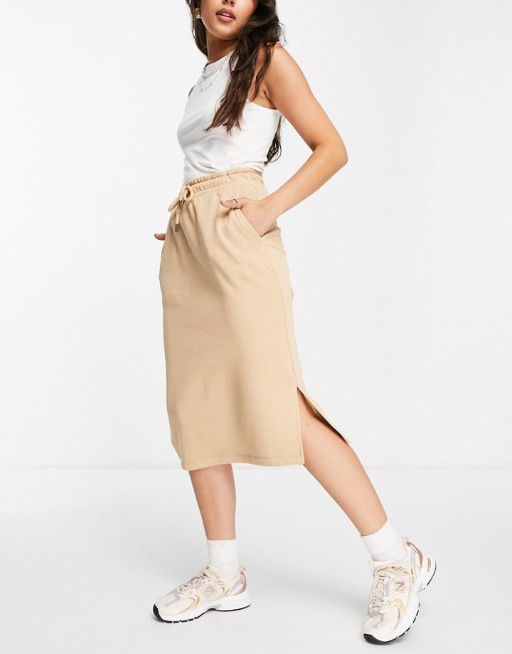 Selected Femme Midi Skirt With Drawstring Waist In Beige-neutral
