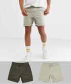 Asos Design 2 Pack Slim Chino Shorts With Elastic Waist In Beige & Khaki Save-multi