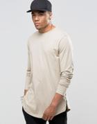 Asos Relaxed Longline Long Sleeve T-shirt With Curved Hem And Zips In Tan - Oxford