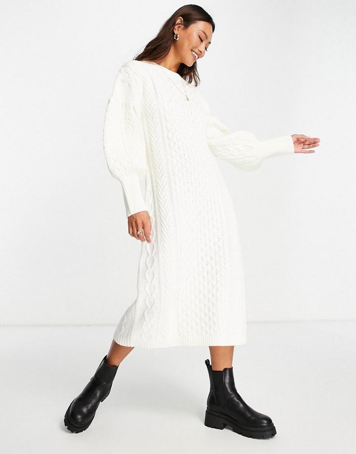 Lost Ink Volume Sleeve Chunky Knit Midi Dress In Ivory-white