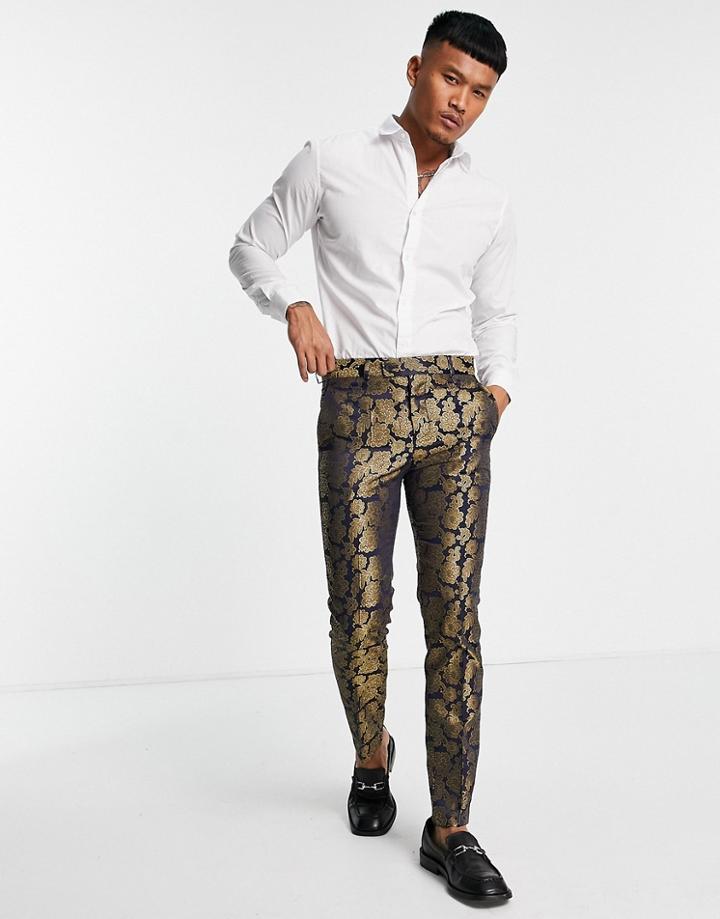 Bolongaro Trevor Blue And Gold Floral Skinny Fit Suit Pants-navy