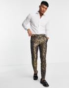 Bolongaro Trevor Blue And Gold Floral Skinny Fit Suit Pants-navy