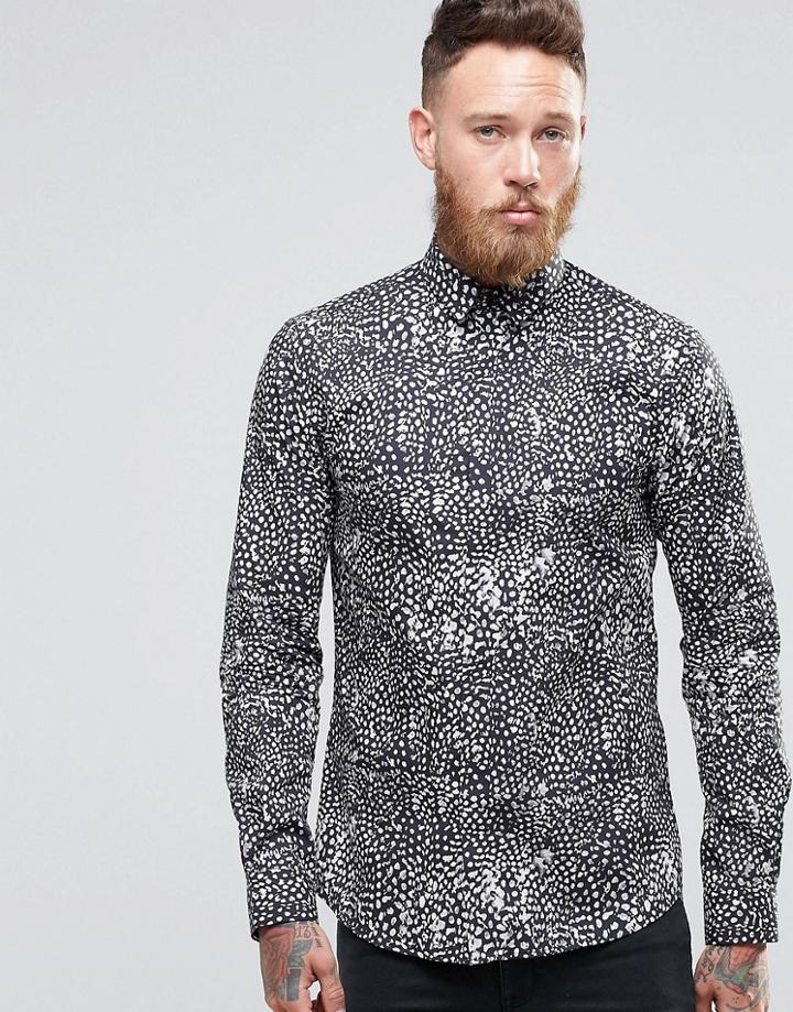 Noose & Monkey Skinny Shirt In Monochrome Leopard Print - Black