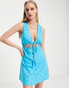 Asos Design Eyelet V Neck Tie Front Mini Sundress With Cut Outs In Bright Blue