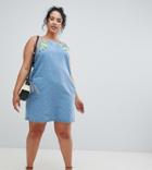 Influence Plus Floral Embroidered Denim Shift Dress - Blue