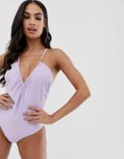 Asos Design Slinky Drape Back Thin Strappy Back Swimsuit In Icy Lilac - Purple